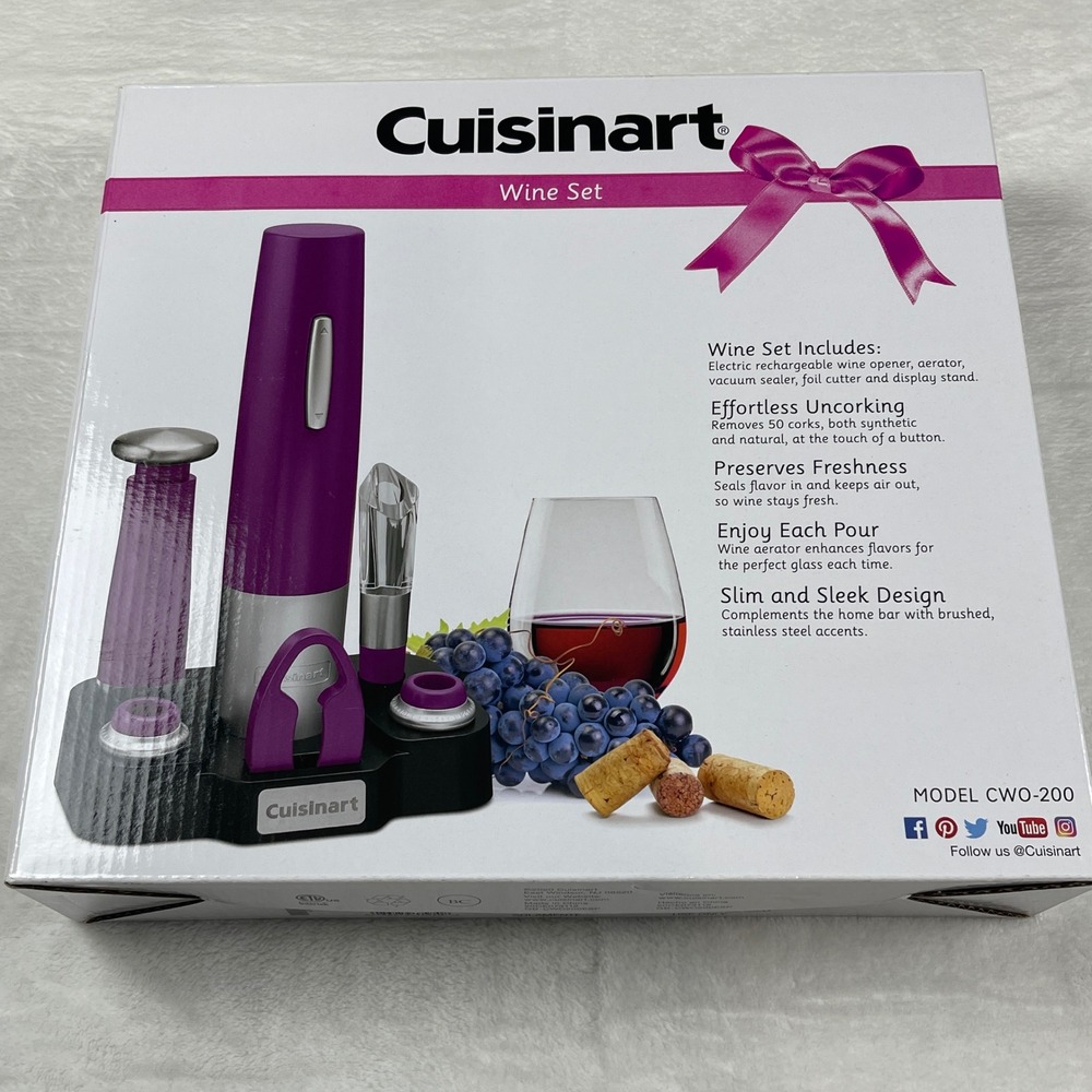 Cuisinart Electric Rechargeable Wine Set Purple 5pc Opener Aerator Sealer Gift